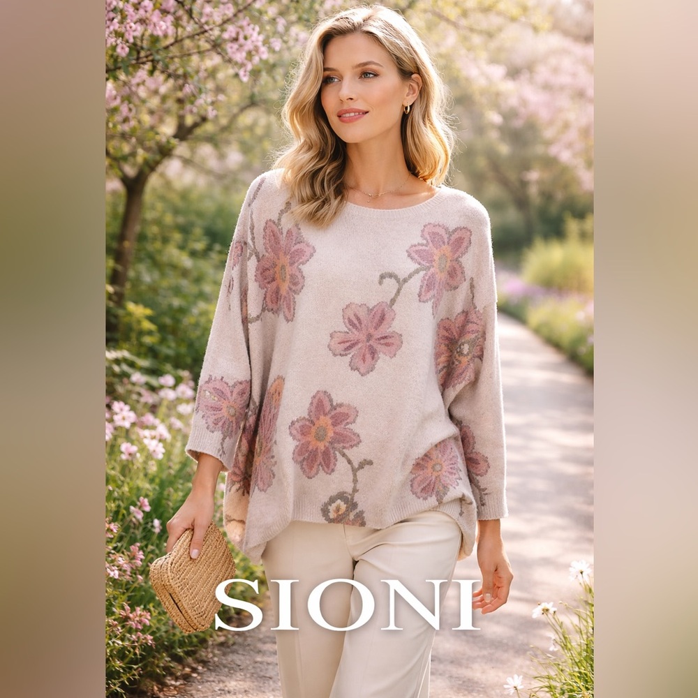 Sioni,Floral Ultra Soft Knit Sweater Cranberry-Blush,Dolman,Cozy Luxe Top Size S